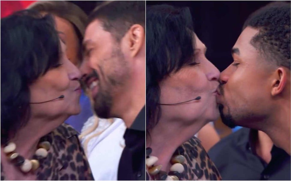 Montagem de fotos de dona Déa beijando Cauã Reymond e Juan Paiva