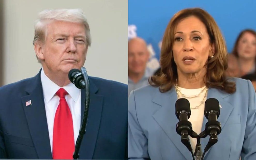 Na montagem estão Donald Trump em um púlpito (à esquerda) e Kamala Harris durante discurso em púlpito (à direita)