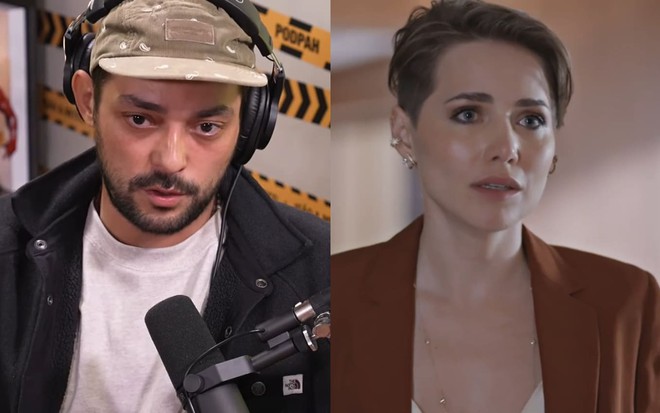 Montagem com uma foto de Eduardo Sterblitch e outra de Leticia Colin; ambos estão sérios: ele, num podcast; ela, em Todas as Flores