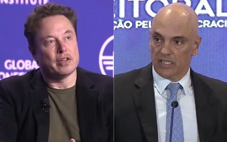 Montagem de Elon Musk em entrevista ao canal Farzad e Alexandre de Moraes em coletiva de imprensa; ambos estão sérios