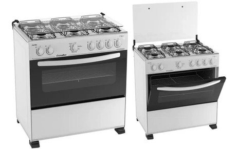 Imagem com fundo branco mostra modelo de fogão de seis bocas da marca Esmaltec na cor branca e com forno preto