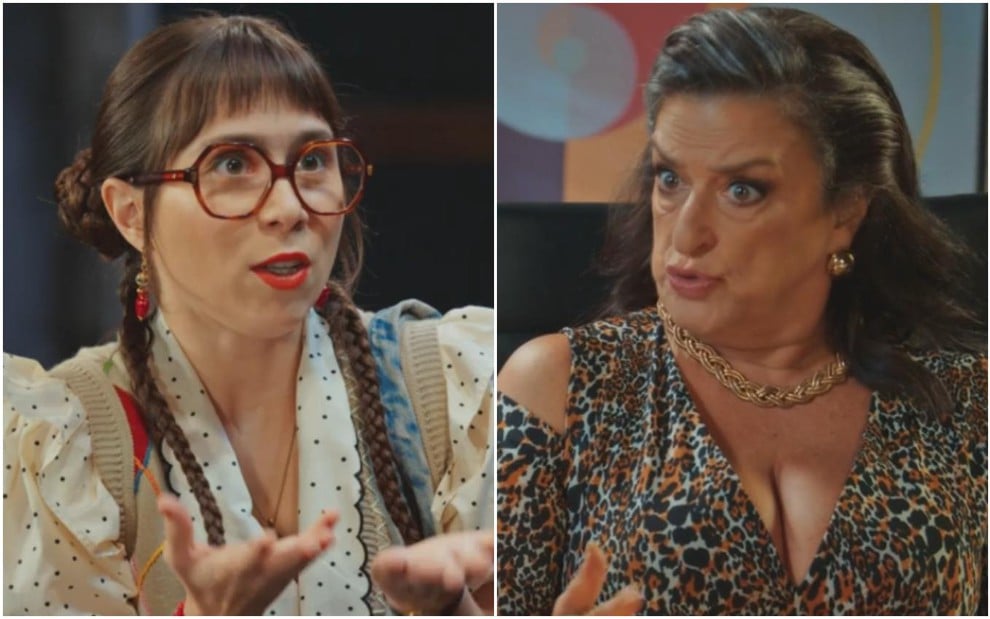 Montagem com fotos das atrizes Daphne Bozaski e Grace Gianoukas, ambas com expressões preocupadas, em cenas de Família É Tudo