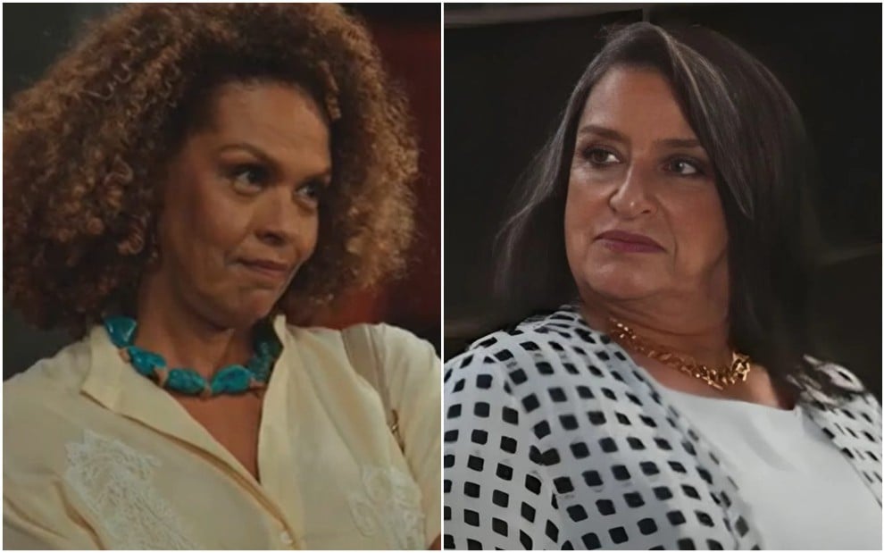 Montagem com fotos das atrizes Ana Carbatti e Grace Gianoukas em cenas de Família É Tudo