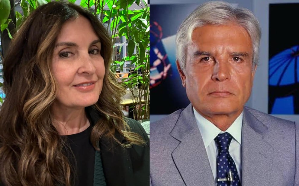 Montagem com uma foto de Fátima Bernardes e outra de Cid Moreira; a jornalista está em frente a uma planta, com um leve sorriso; o ex-âncora, por sua vez, está no cenário do JN