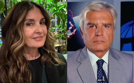 Montagem com uma foto de Fátima Bernardes e outra de Cid Moreira; a jornalista está em frente a uma planta, com um leve sorriso; o ex-âncora, por sua vez, está no cenário do JN