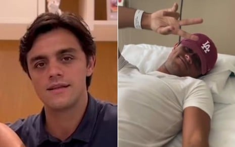 Felipe Simas à esquerda e o ator deitado em uma maca de hospital à esquerda