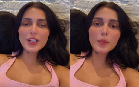 Montagem com dois frames de Fernanda Campos em vídeo postado nos Stories do Instagram; ela usa uma regata rosa