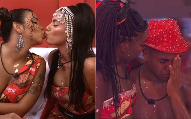 Montagem com selinho de Giovanna Pitel e Fernanda, e Leidy Elin sentada com Davi chorando