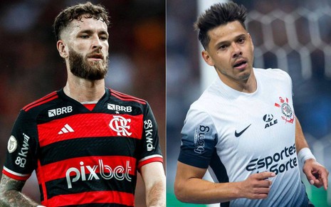 Imagem com os jogadores Léo Pereira (Flamengo), à esquerda, e Romero (Corinthians), à direita