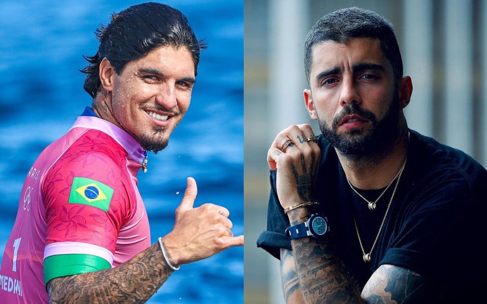 Montagem com uma foto de Gabriel Medina, que faz um hand-loose com a mão, e outra com Pedro Scooby, que encara a câmera, sério