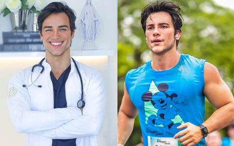 Montagem com duas fotos do médico Gabriel Prado; na primeira, ele usa jaleco e sorri; na segunda, participa de uma corrida