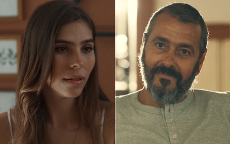 Montagem com Buba (Gabriela Medeiros) e José Inocêncio (Marcos Palmeira) em cenas da novela Renascer