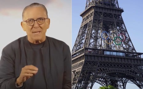 Galvão na chamada da Globo das Olimpíadas e a Torre Eiffel enfeitada para os Jogos