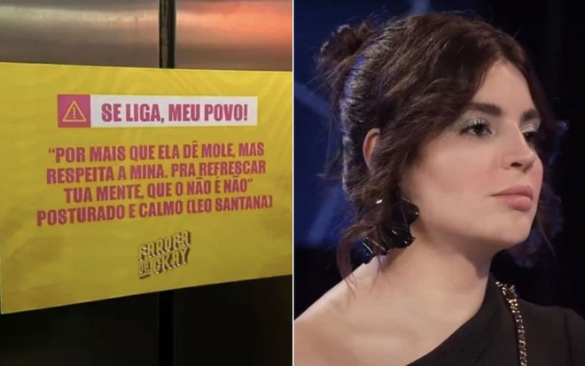 Montagem com cartaz com mensagem contra assédio à esquerda