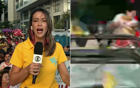 Montagem com uma repórter da Globo no meio de um bloco à esquerda e uma imagem travada à esquerda do mesmo cenário
