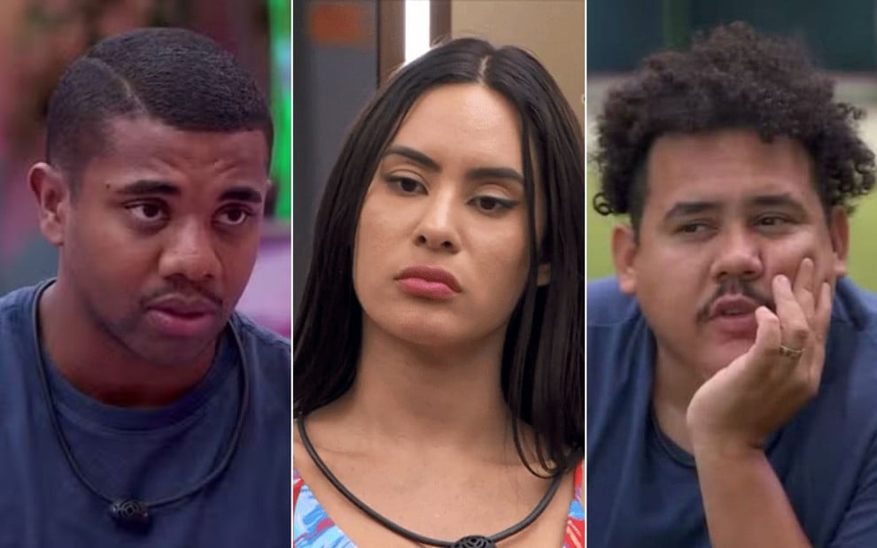 Montagem com Davi Brito à esquerda, Isabelle Nogueira ao centro e Lucas Henrique à direita no BBB 24