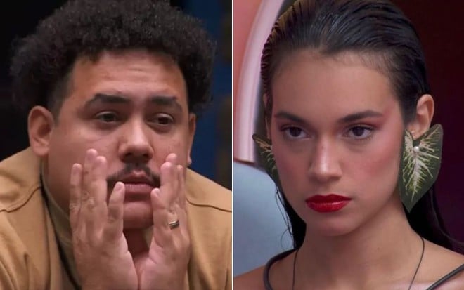 Montagem com Lucas Henrique à esquerda e Alane Dias à direita no BBB 24