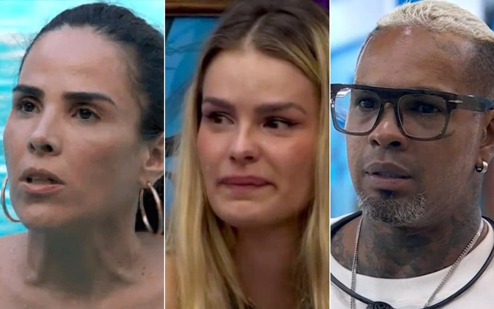 Montagem com Wanessa Camargo à esquerda, Yasmin Brunet no centro e Rodriguinho à direita no BBB 24