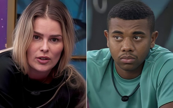 Montagem com Yasmin Brunet à esquerda e Davi Brito à direita no BBB 24