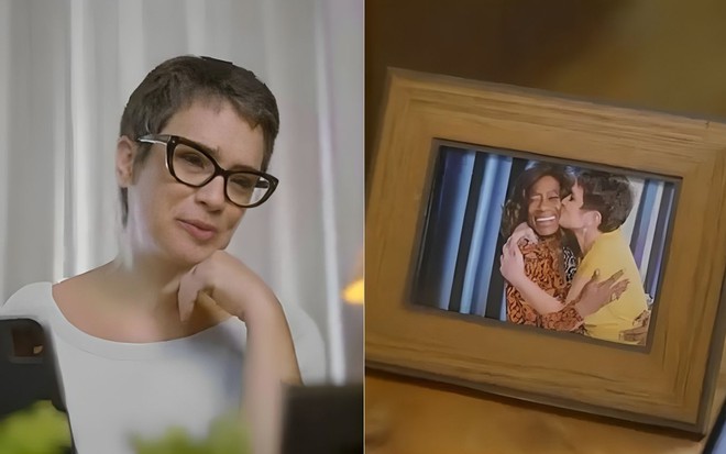 Montagem com uma foto de Sandra Annenberg com expressão triste e outra de Gloria Maria e Sandra abraçadas