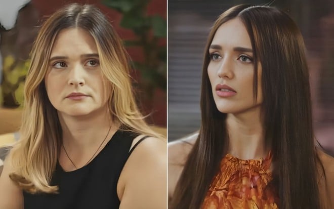 Montagem com Juliana Paiva como Electra à esquerda e Rafa Kalimann à direita como Jéssica em cena de Família É Tudo