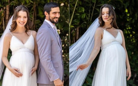 Nathalia Dill está vestida de noiva com barriga falsa, enquanto Renato Góes usa terno de noivo