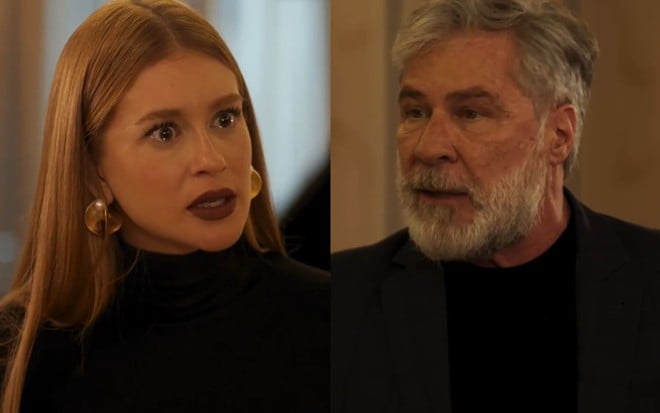 Montagem com uma foto de Marina Ruy Barbosa, a Preciosa, e outra de Leopoldo Pacheco, o César, em cenas de Fuzuê