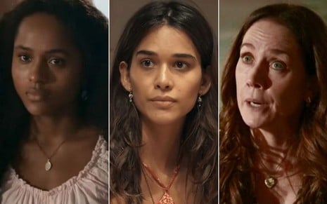 Montagem com Duda Santos como Maria Santa à esquerda; Theresa Fonseca como Mariana no centro; e Camila Morgado como Iolanda à direita em cenas de Renascer