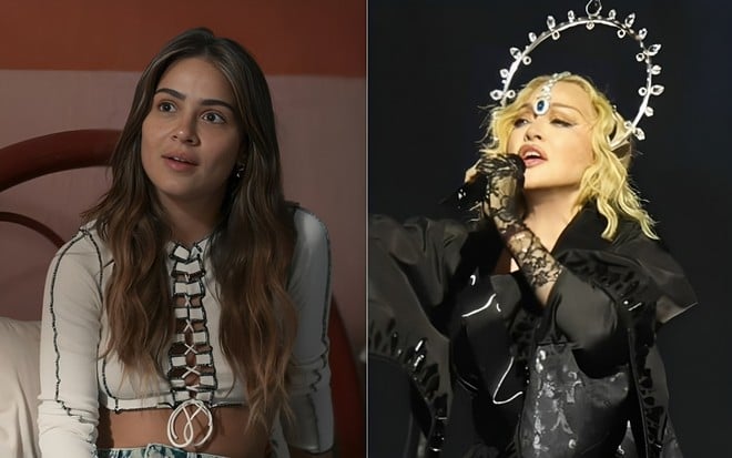 Montagem com fotos de Giullia Buscacio em cena de Renascer e de Madonna no show de Copacabana