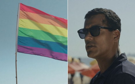 O ator Marcelo Mello Jr caracterizado como José Bento diante de uma bandeira LGBTQIA+ em cena de Renascer