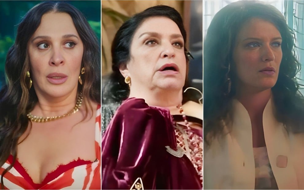 Montagem com Claudia Raia à esquerda como Emmy, Grace Gianoukas como Roma ao centro e Bianca Bin como Agatha à direita em Terra e Paixão