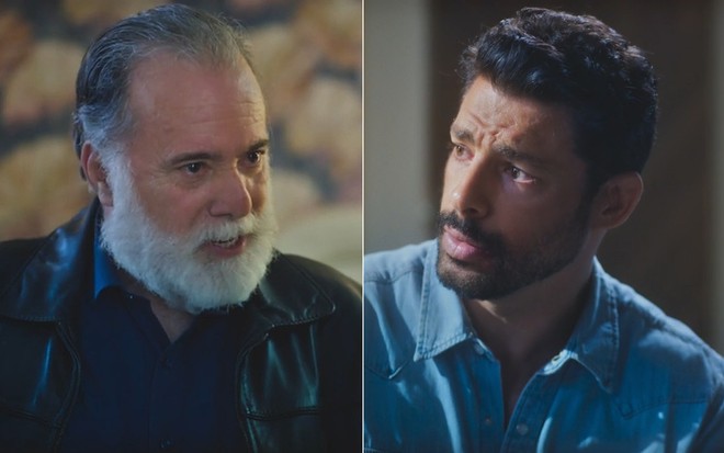 Montagem de fotos de Antônio (Tony Ramos) e Caio (Cauã Reymond) em Terra e Paixão