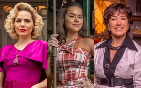 Leticia Colin, Maisa Dilva e Lilia Cabral estão caracterizadas como Zelia, Bia e Maristela, suas personagens em Garota do Momento