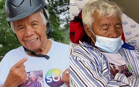 Na montagem está Gonçalo Roque sorridente, com um capacete na cabeça (à direita); e deitado na cama de um hospital, de olhos fechados (à esquerda)