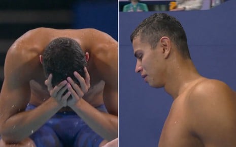 Guilherme Costa, o Cachorrão, cabisbaixo à esquerda e chorando à direita na Olimpíada de Paris