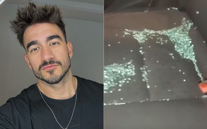 Montagem com selfie de Guilherme Napolitano e imagem de vidro quebrado em banco do carro