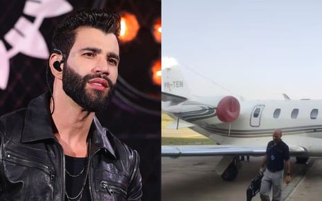 Montagem com uma foto de Gusttavo Lima e outra do avião de prefixo PR-TEN, apreendido nesta quarta (4)