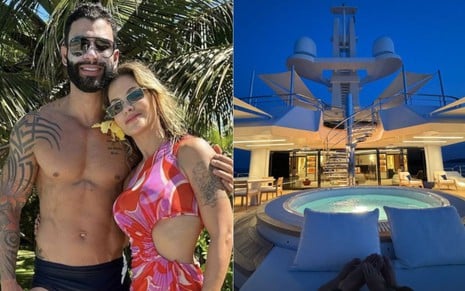 Montagem com Gusttavo Lima e a mulher, Andressa Suita (à esq.) e o iate luxuoso (à dir.)