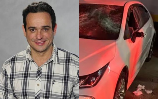 Hugo Gross (à esquerda) e carro quebrado (à direita)
