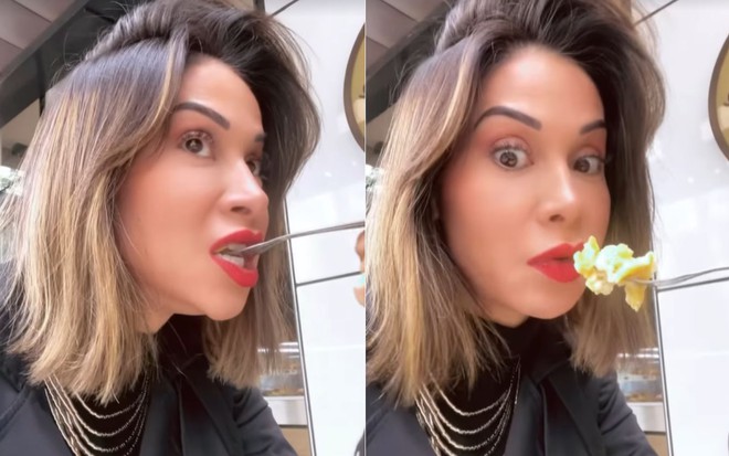 Montagem com fotos de Maíra Cardi comendo ovo