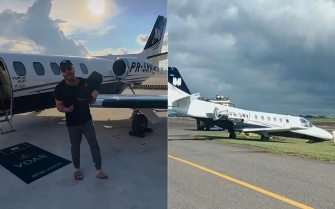 Montagem com fotos de Murilo Huff na frente de sua aeronave, e dela após cair em vala do aeroporto