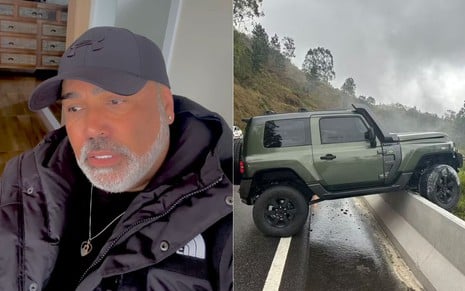 Montagem com fotos de Rick Sollo e de seu jipe em cima de mureta de proteção de rodovia