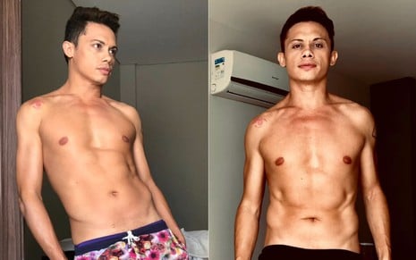 Montagem com duas fotos de Silvero Pereira sem camisa