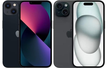 Imagem colorida mostra o iPhone 13 na cor meia-noite e o iPhone 15 na cor preto lado a lado