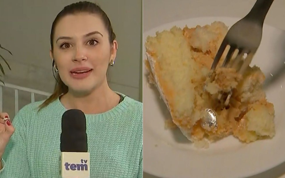 Montagem com Isabela Sabéllico segurando um microfone; na segunda imagem há um pedaço de bolo coma medalha de Santo Antônio