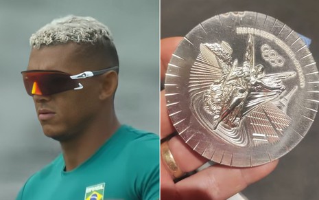 Montagem com Isaquias Queiroz à direita e uma medalha de prata da Olimpíada de Paris à esquerda quebrada