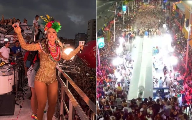 Montagem com Ivete Sangalo em cima de trio à esquerda e o trio cheio de fumaça à direita