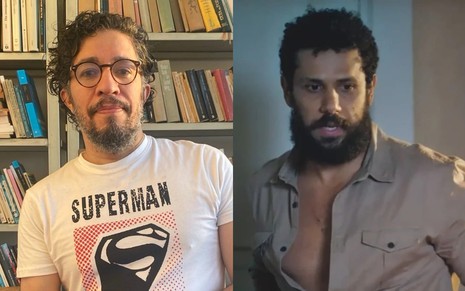 Montagem com uma foto de Jean Wyllys, que usa uma camiseta com a estampa do superman, e outra de Amaury Lorenzo, o Ramiro, em cena de Terra e Paixão