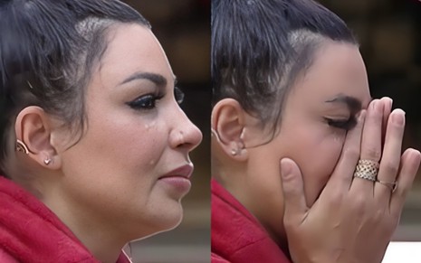 Na montagem: Jenny Miranda chora em A Fazenda (à esquerda); e com as mãos no rosto (à direita)