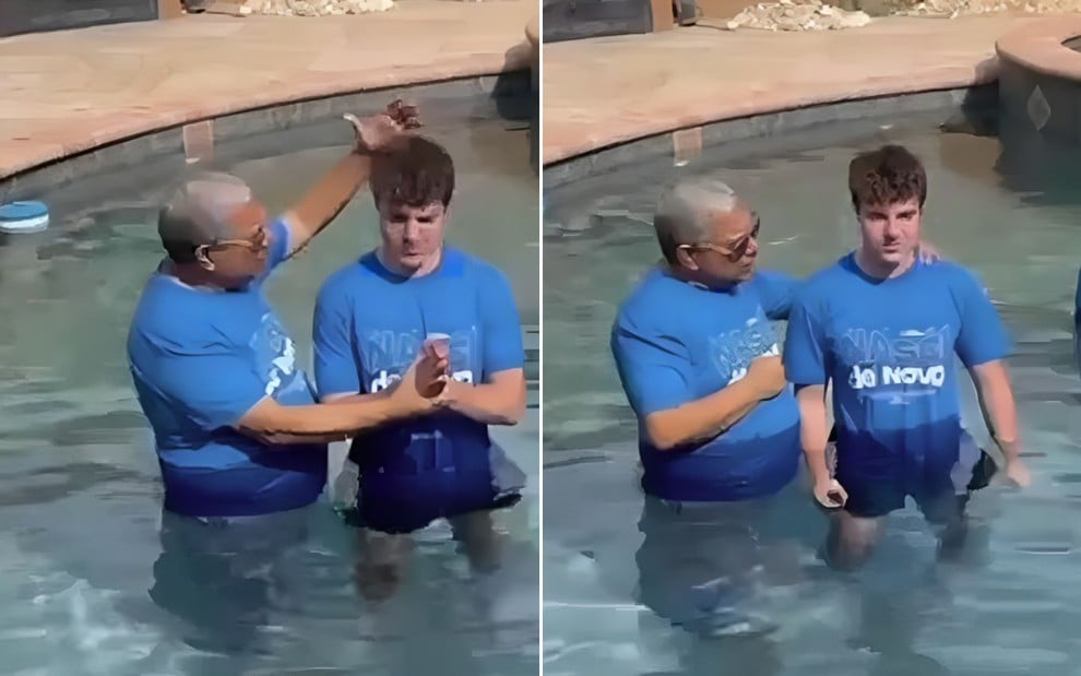 O pastor Lécio Dornas batiza João Augusto Liberato, filho de Gugu Liberato, em uma piscin